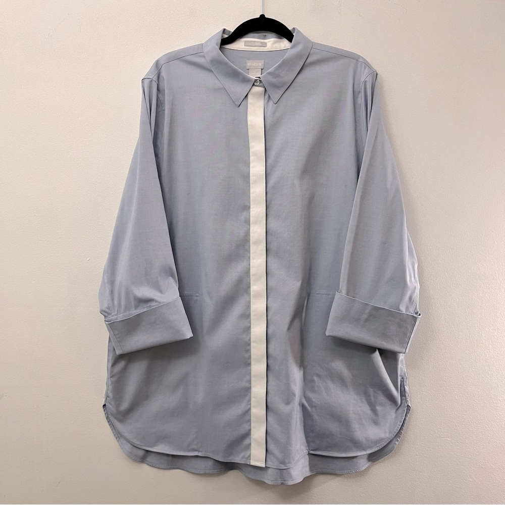 Chico’s No Iron Chic Stretch Blue Button Down Tunic with Pockets size 4 (US 20)